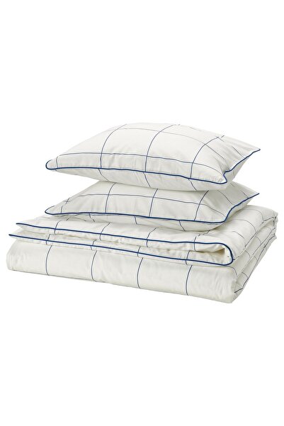 IKEA BREDVECKLARE Husă pilotă + 2 fețe de pernă, alb albastru/carouri, 200 x ...