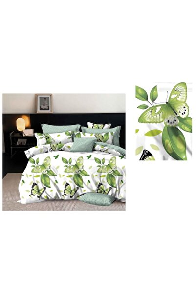 ANGMAD Lenjerie pat dublu 6 piese Bumbac Finet model fluturi alb verde