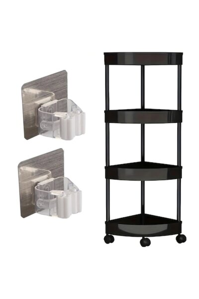 FOTOFUN 4-Tier Corner Shelf, Black + 2 Self-Adhesive Mop and Broom Holders, 3...