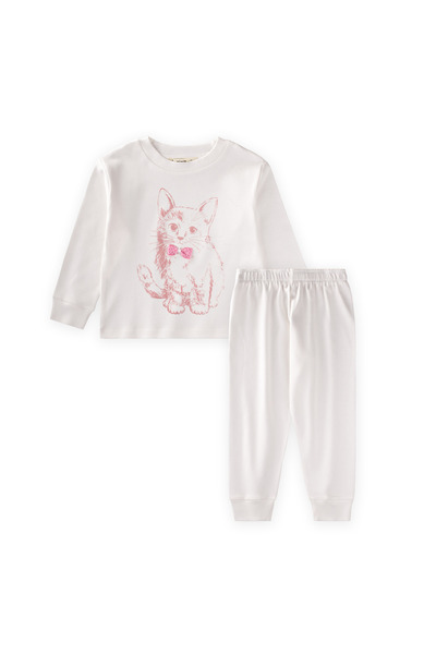 Cigit Kedi Printed Pajama Set 2-8 Years Ecru