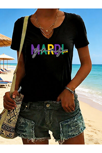 mercoledi Mardi Gras cu imprimeu pentru femei, cu mâneci pe jumătate cu decol...