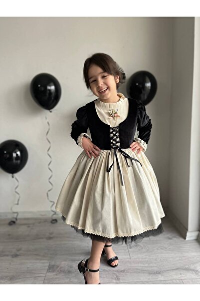 sarena Siyah Kız Çocuk Kadife Keten Kabarık Etnik Güpürlü Yelek Detaylı Elbise