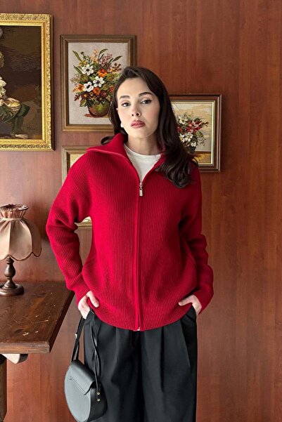Ceylan Otantik Red Zippered Knitwear Cardigan
