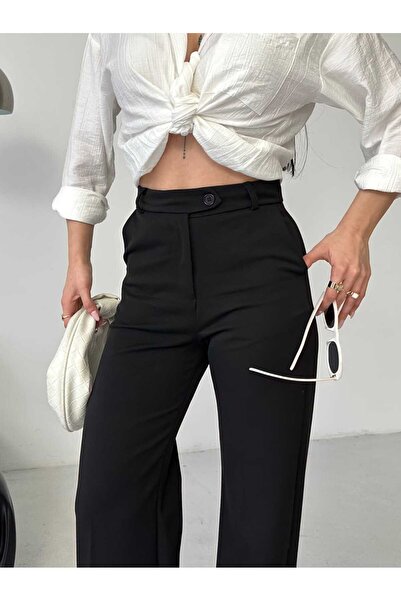 Moda İkra Likralı Yüksek Bel Geniş Paça Pantolon