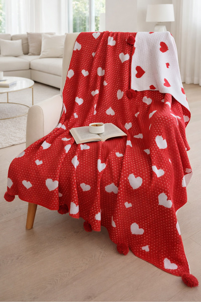 Sevim Heart Knitted Blanket – with Pompoms, Double-Sided, Soft, Valentine's D...