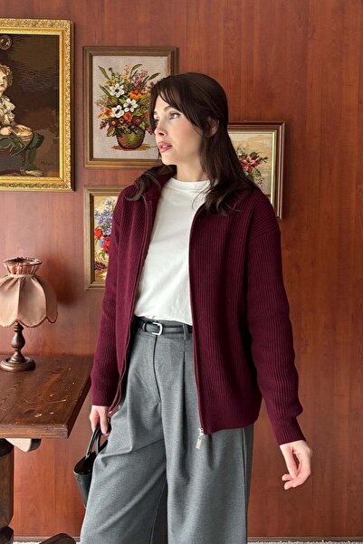 Ceylan Otantik Burgundy Zippered Knitwear Cardigan