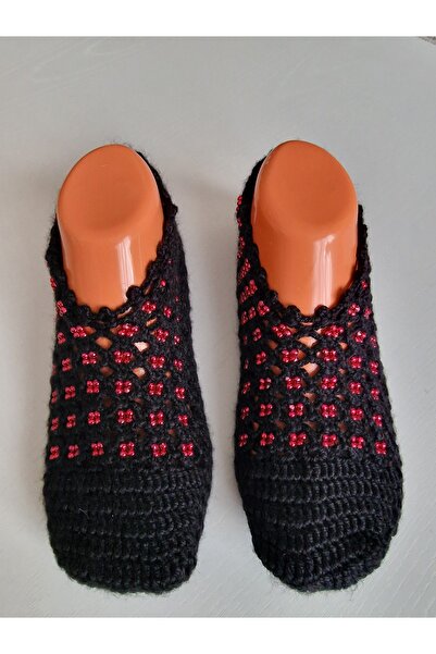Hobi Kafe Hand Knitted Beaded Black Booties (Çetik)