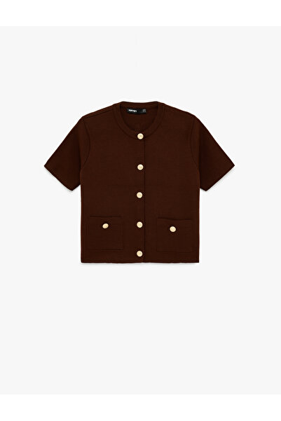 Koton Short Sleeve Crew Neck Pocket Knit Cardigan