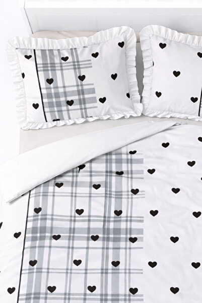 GÖRMEZ TEKSTİL Soft Cotton Ruffled Double Love Check - Duvet Cover Set Black ...