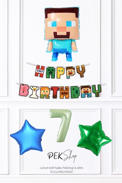PEKSHOP Minecraft Tema Doğum Günü Steve Balonlu Yıldızlı Doğum Günü Balon Seti