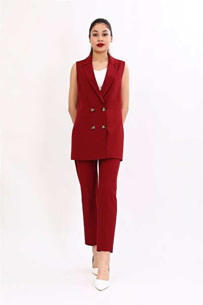 ÖNDER ÖZSOY Long Men's Collar Double-Breasted Hijab Women's Vest-Burgundy