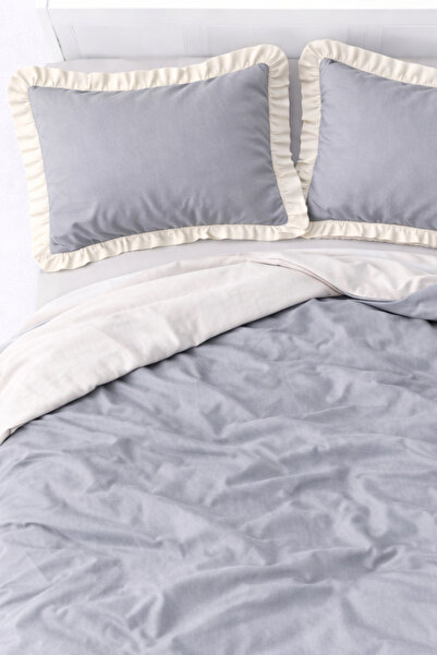 GÖRMEZ TEKSTİL طقم غطاء لحاف مزدوج من القطن الناعم باللون الرمادي - البيج