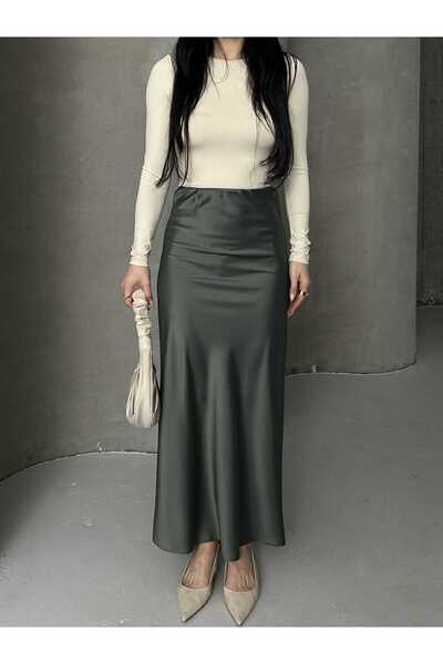 Moda İkra Satin Fabric Elastic Waist Long Skirt Shiny and Smooth