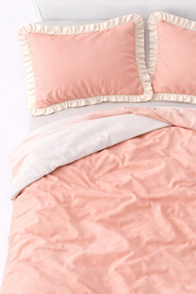 GÖRMEZ TEKSTİL Soft Cotton Ruffled Double Duvet Cover Set Salmon - Beige