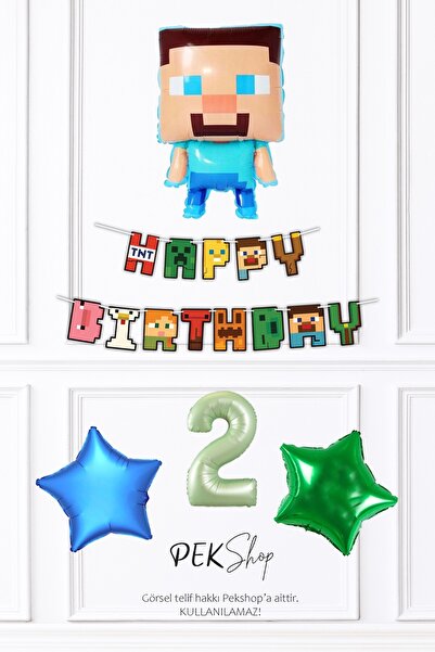 PEKSHOP Minecraft Tema Doğum Günü Steve Balonlu Yıldızlı Doğum Günü Balon Seti