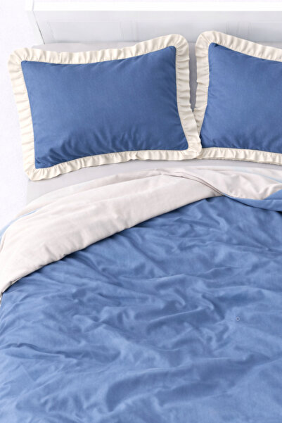 GÖRMEZ TEKSTİL Σετ Παπλωματοθήκη από Μαλακό Βαμβάκι με Βολάν Μπλε - Μπεζ