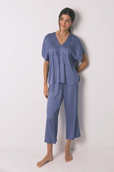 Women'secret Blue long pyjamas with pleated neckline