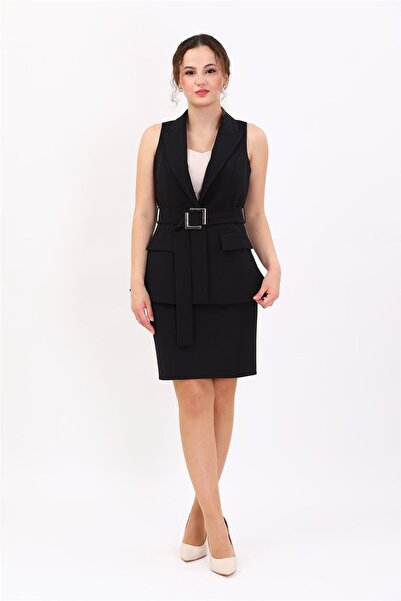 ÖNDER ÖZSOY Men's Collared Belted Slit Vest & Mini Slit Short Tight Skirt Wom...