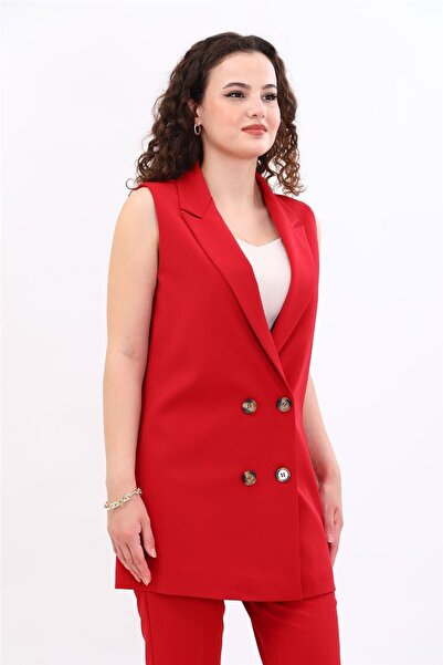 ÖNDER ÖZSOY Long Men's Collar Double-Breasted Hijab Women's Vest-Red