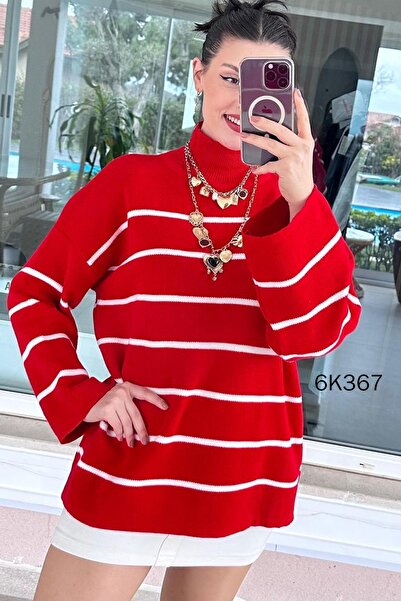 İnce Topuk Turtleneck Striped Knitwear Blouse 6K367