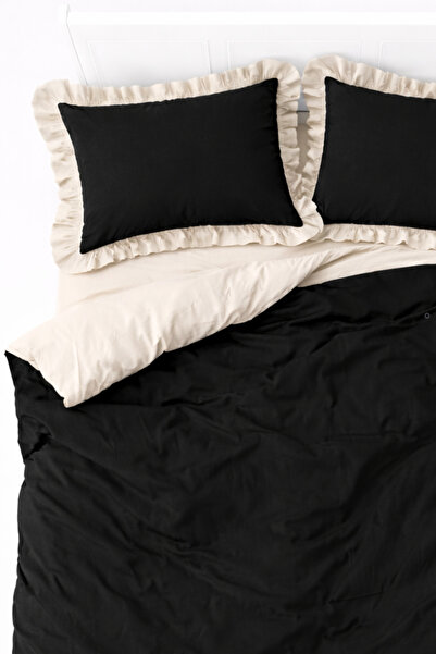 GÖRMEZ TEKSTİL Soft Cotton Ruffled Double Duvet Cover Set Black - Beige