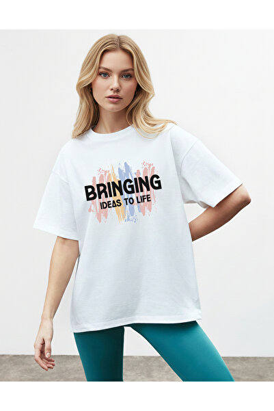 caddekombin Women's Modern Art Printed Crew Neck White T-Shirt