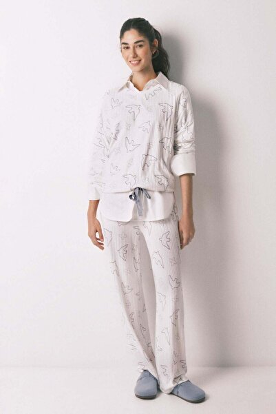 Women'secret بيجاما طويلة زرقاء مضلعة بنقشة طيور