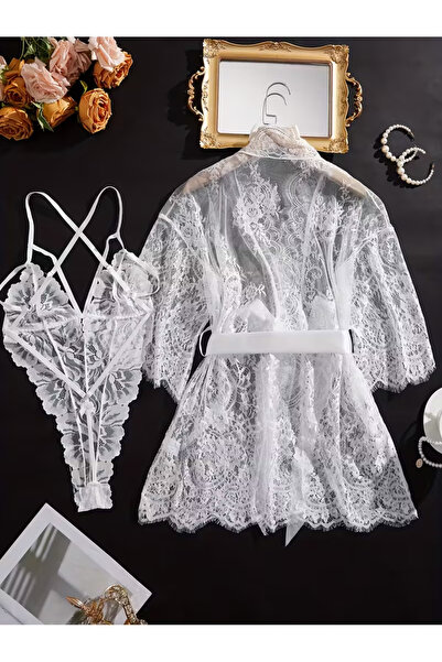 GENERAL Deep V-neck lace mesh crossover backless bodysuit, lace-trimmed all-s...