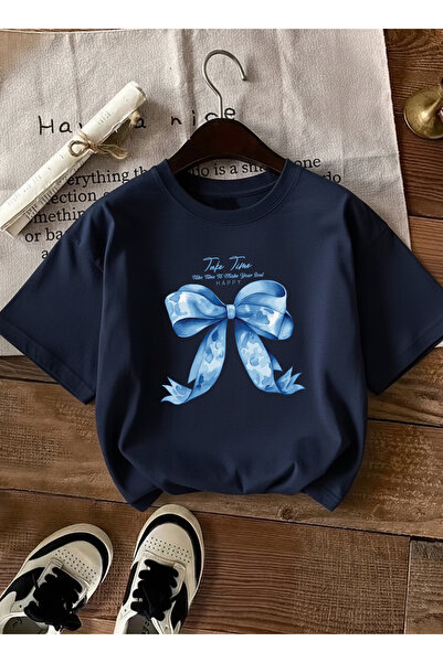 MEİLİFENG Tricou de damă, albastru marin, cu detaliu panglică albastră mare