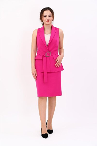 ÖNDER ÖZSOY Men's Collared Belted Slit Vest & Short Pencil Skirt Women's Suit...