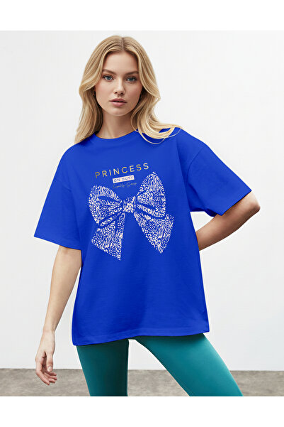 caddekombin Women's Gold Lettered Princess Bow Printed Cobalt Blue T-Shirt