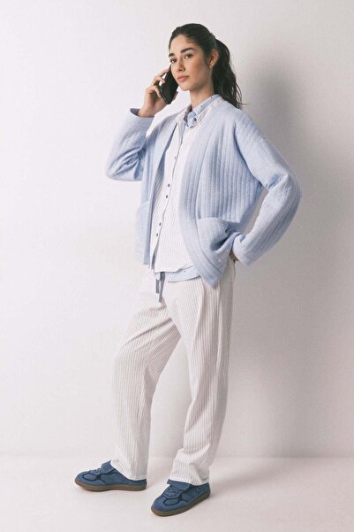 Women'secret بيجاما بيضاء كلاسيكية طويلة مخططة مصنوعة من القطن الخالص 100%