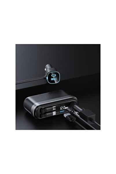 Tradeo 60W Multi-Port Car Charger with Retractable Cables, LED Voltage Display