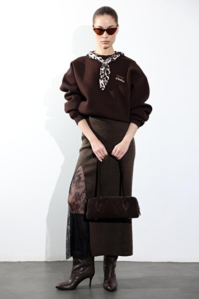 5in1Canpolat Brown Lace Detailed Knitwear Skirt 251007
