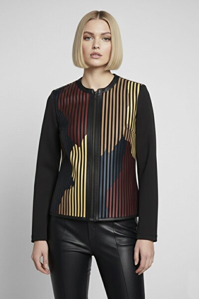 Deriderim جلد مخطط باللون الأحمر والأصفر على قماش تول لونا مطبوع سترة نسائية ...