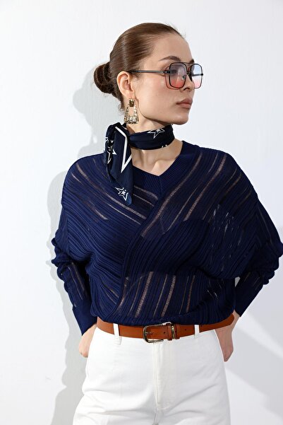 5in1Canpolat Navy Blue V-Neck Mercerized Knitwear 251286