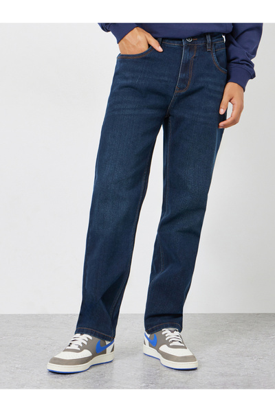 Styli بنطلون جينز رجالي أزرق داكن بقصة عادية