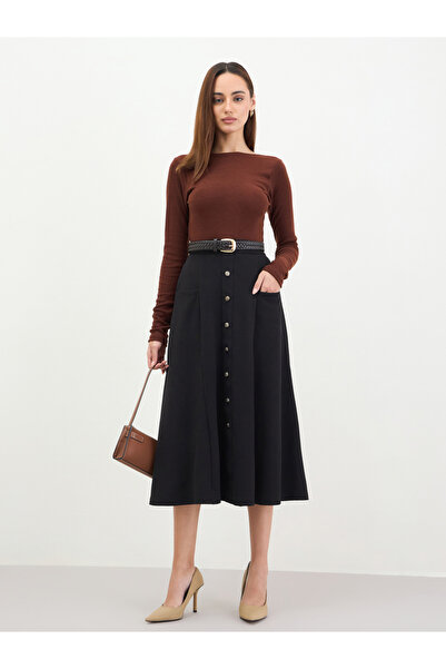 Styli Women Black Buttoned A-Line Midi Skirt