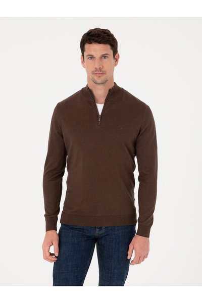 Cacharel Brown Slim Fit Cotton Blend Half Zipper Mock Neck Knitwear Sweater 5...