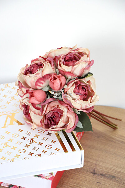 Yapay Çiçek Deposu Artificial Lux 10Pcs Dry Model Rose Bouquet with Buds 30 c...