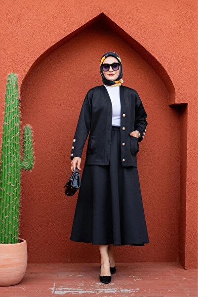 Tesettür Diyarı Σετ Τεσεττούρ με Υφασμάτινη Φούστα Lida Scuba - Μαύρο