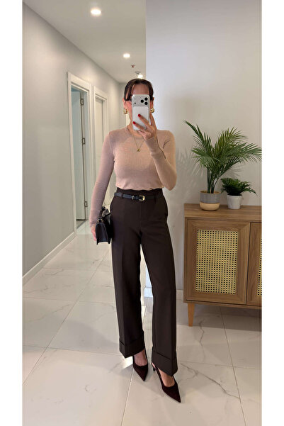 BİRCANÇİL Pantaloni Mollandra maro cu detalii la picior și curea