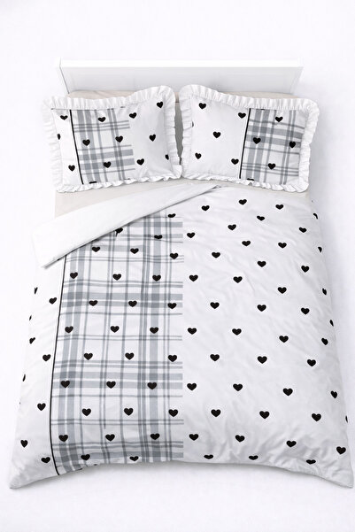 GÖRMEZ TEKSTİL Soft Cotton Ruffled Single Love Check - Duvet Cover Set Black ...
