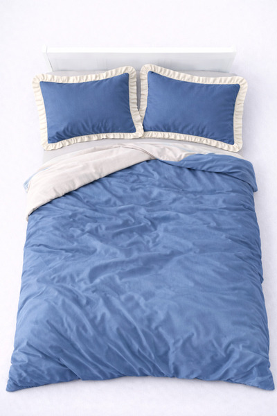 GÖRMEZ TEKSTİL Soft Cotton Ruffled Single Bed - Duvet Cover Set Blue / Beige