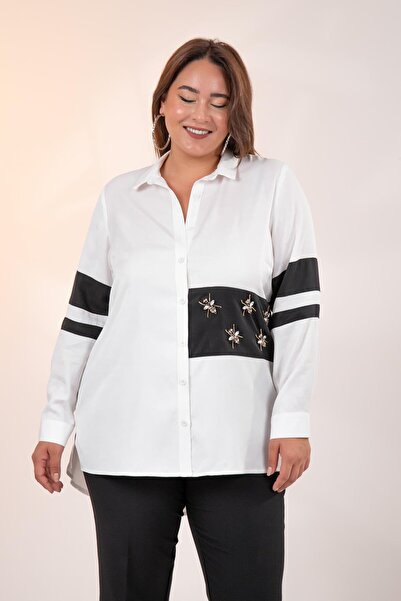 Roxxlen Cămașă albă cu garnituri, mărime mare