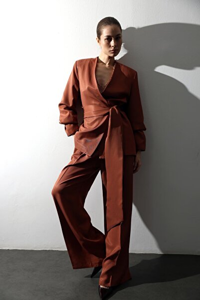 5in1Canpolat Cinnamon Belted Straight Cut Fabric Trousers 031648