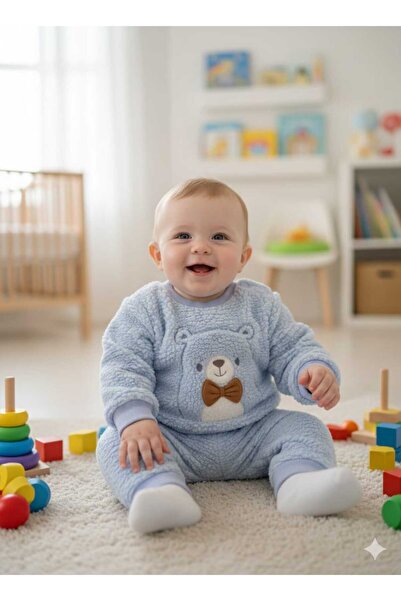 ALYAKİDS Baby Plush Set Blue Color Dog Embroidered Fleece Top and Bottom Set