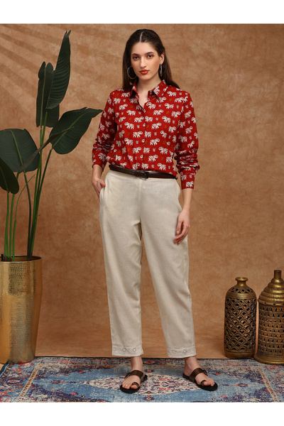 Globus By Styli Women Off-White Linen Straight Leg Trousers