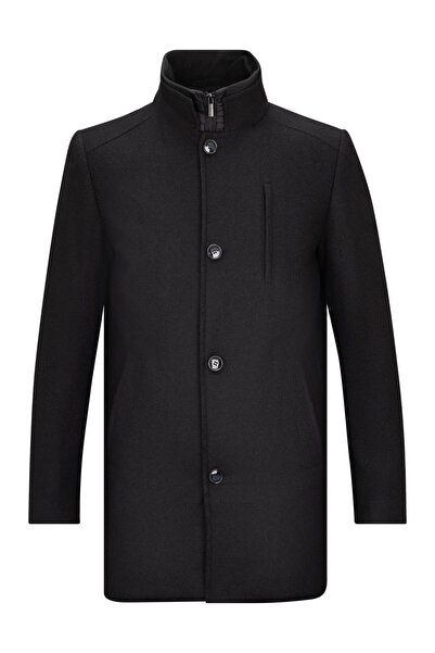 Hatemoğlu Siyah Slim Fit Hakim Yaka Yünlü Kaşe Palto