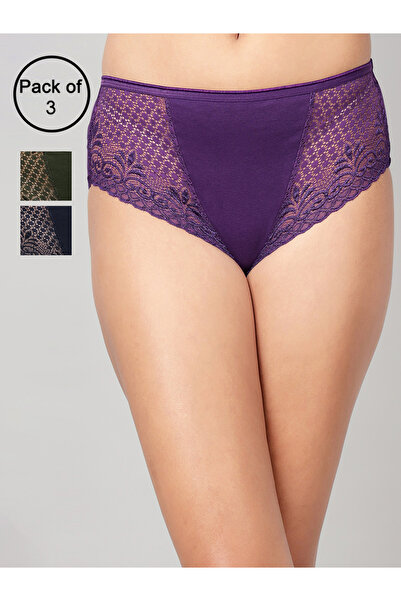 Clovia By Styli Pack of 3-Mid Waist Hipster Panties with Lace Wings - Cotton